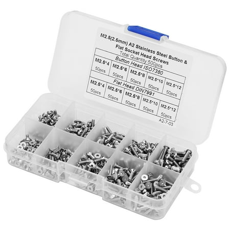 M Buder 500pcs 1 Box M2.5 Button and Flat Head Hex Socket Screw Set, Stainless Steel 304 Assortment Kit (5.12 inches / 13 cm), Hexagonal Machine Screws for Industrial and Home Improvement Projects