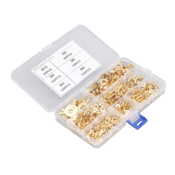 M Buder 540Pcs Gold Brass Ring Terminal M3 M4 M5 M6 M8 M10 O Shape Terminal Wire Connector Assortment Kit for Automotive Household Appliances, 18 cm / 7.09 inches Length Box