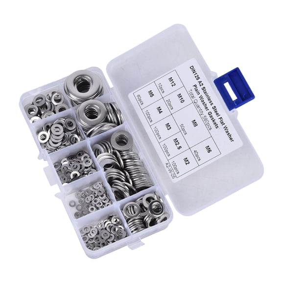 M Buder 580-Piece Stainless Steel Flat Washer Assortment Set, M2 to M12 Metric Sizes, Rust-Resistant Hardware Washers for Household, Commercial, and Industrial Electrical Connections (13 cm / 5.1 in)