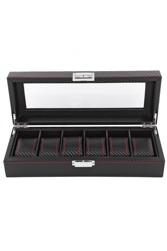 6 Slot Watch Box Travel Carbon Fiber Case Jewelry Display Storage Collector Organizer Black 13 inches / 33 cm