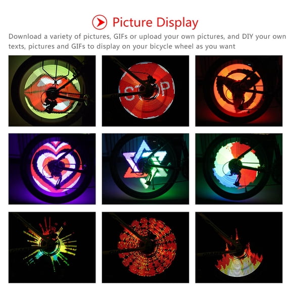 M Buder 64 LEDs Rechargeable Bicycle Wheel Hub Light, High Resolution Programmable Spoke Lamp, IP55 Waterproof RGB Display, Fits 26 inches / 66 cm and Above (Black)