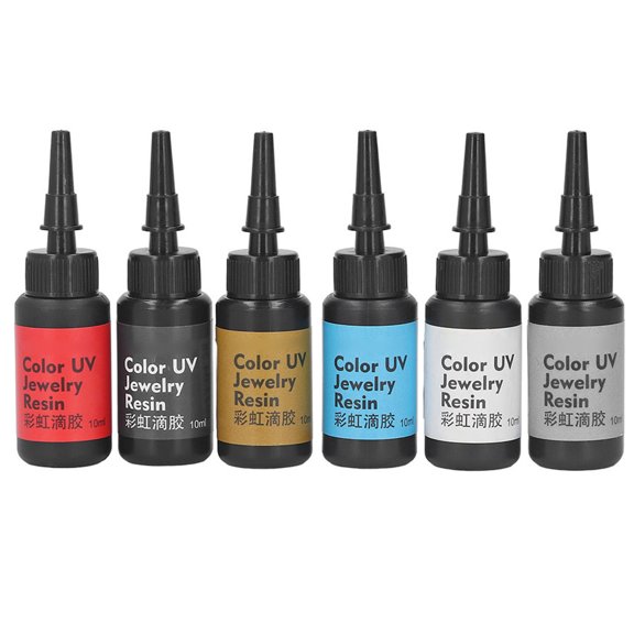 M Buder 6Pcs 10ml / 0.33 fl oz UV Resin Quick Curing Bright Vivid Color UV Epoxy Resin for DIY Jewelry Set D (White, Silver, Gold, Black, Red, Light Blue)