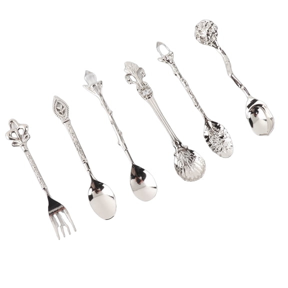 M Buder 6Pcs Set Innovative Vintage Retro Zinc Alloy Spoons Fork Set Cutlery Silver Crown Handle (4.72 in / 12 cm)
