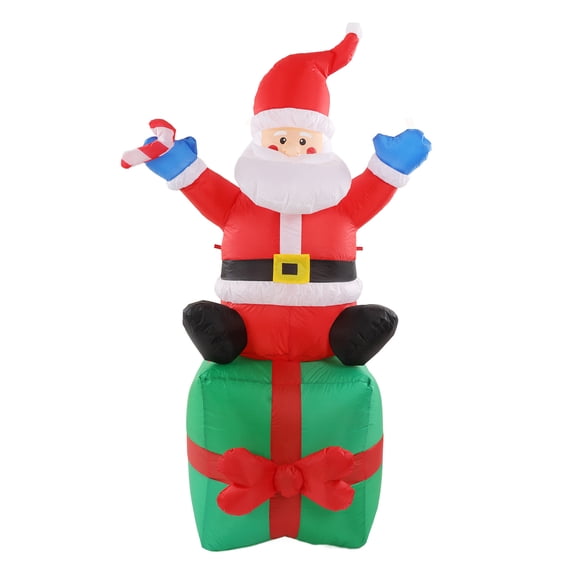 M Buder 6ft / 180cm Christmas Inflatable Santa Claus Sitting on Gift Box with Candy Cane, LED Lighted Outdoor Yard Decoration, 100-240V EU Plug Style