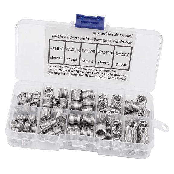 M Buder 80 PCS M8 x 1.25 Stainless Steel Coiled Wire Helical Screw Threaded Inserts Set, Thread Repair Kit for Automotive and Machine Parts, 304 Stainless Steel, Assorted Sizes 1D to 3D, Silver