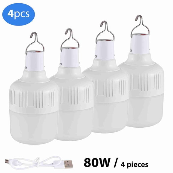 M Buder 80W Rechargeable LED Emergency Light Bulbs with Hook and USB Cable, 5 Gear Adjustable Dimmable Camping Lantern for Hiking Backpacking Fishing Power Outages Hurricane, Soft White, 4 Pack