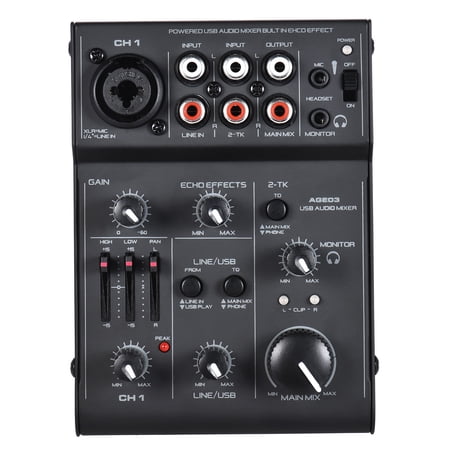 M Buder AGE03 5-Channel Mini Mic-Line Audio Mixer with USB Audio Interface Built-in Echo Effect, Portable DJ Mixing Console & Sound Card (6.9 x 5.3 in / 17.5 x 13.5 cm)