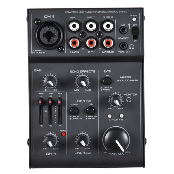 M Buder AGE03 5-Channel Mini Mic-Line Audio Mixer with USB Audio Interface Built-in Echo Effect, Portable DJ Mixing Console & Sound Card (6.9 x 5.3 in / 17.5 x 13.5 cm)