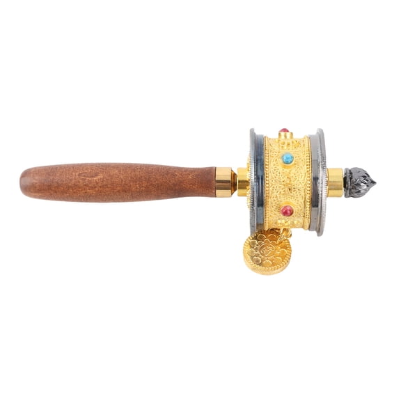 M Buder Alloy Tibetan Six Words Mantra Hand Cranking Prayer Wheel Figurine Gold 7.1 inches / 18 cm Religious Buddhist Decor