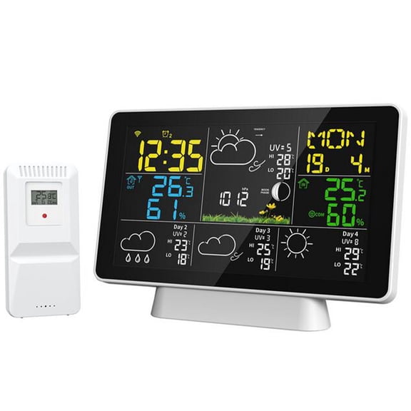 M Buder Aoresac WIFI Smart Weather Station with Outdoor Sensor, Digital 7-in-1 Climate Monitor Featuring Precise Forecast, Air Pressure, Humidity, Rain Gauge, Moon Phase & Built-in Alarm Clock