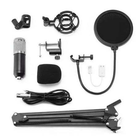 M Buder BM800 Professional Studio Condenser Microphone Set Podcast Live Broadcast Equipment USB PC Mic Kit with Shock Mount Arm Stand, Gold / Silver