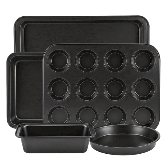 M Buder Baking Pans Set, 5 Piece Non-Stick Carbon Steel Bakeware Set, Baking Pans with Muffin Pan & Cookie Sheet & Cake Pan, Black