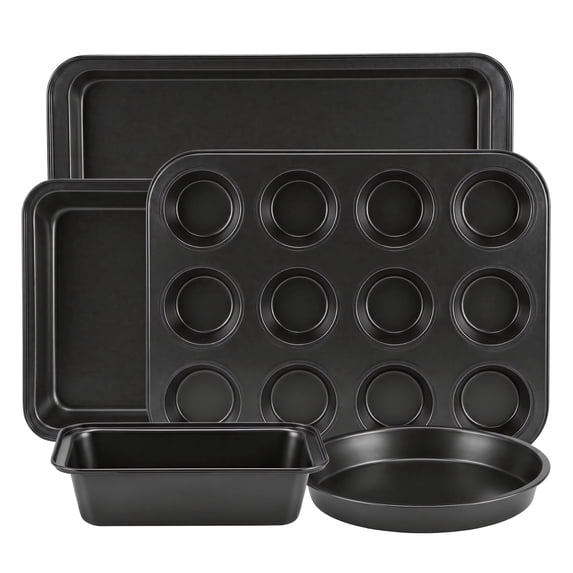 M Buder Baking Pans Set, 5 Piece Non-Stick Carbon Steel Bakeware Set with Muffin Pan & Cookie Sheet & Cake Pan, Black