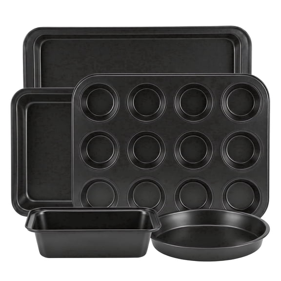 M Buder Baking Pans Set, 5 Piece Non-Stick Carbon Steel Bakeware Set, Baking Pans with Muffin Pan & Cookie Sheet & Cake Pan, Black