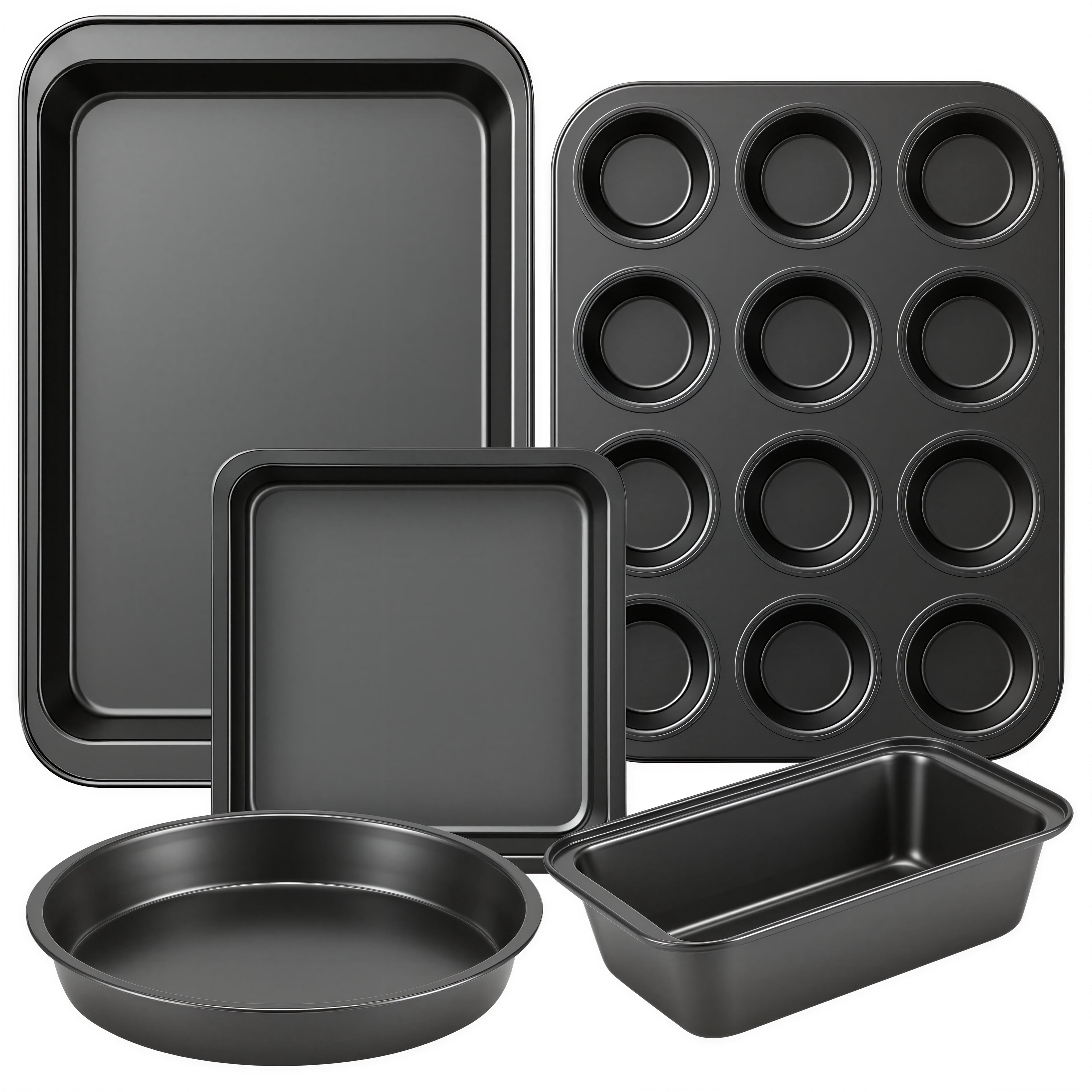 M Buder Baking Pans Set, 5 Piece Non-Stick Carbon Steel Bakeware Set, Baking Pans with Muffin Pan & Cookie Sheet & Cake Pan, Black