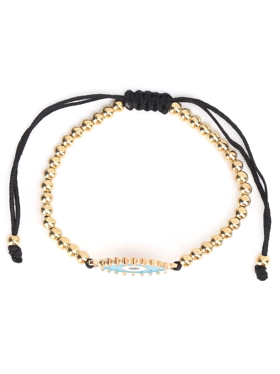 Bohemian Turkish Eye Beaded String Bracelet with Golden Beads for Men Women Children Couples Blue Evil Eye Dainty Jewelry 10 inches / 25.4 cm