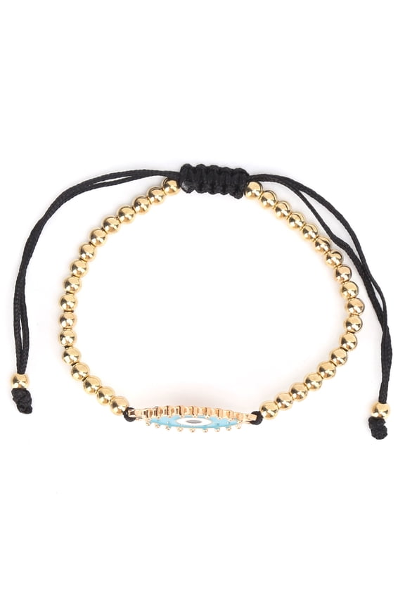 Bohemian Turkish Eye Beaded String Bracelet with Golden Beads for Men Women Children Couples Blue Evil Eye Dainty Jewelry 10 inches / 25.4 cm