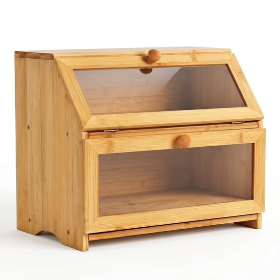 M Buder 2-Layer Wood Bread Box, Bamboo Bread Box for Kitchen Counters, Wooden Bread Storage Organizer with Clear Acrylic Doors, Ventilation and Flat Top