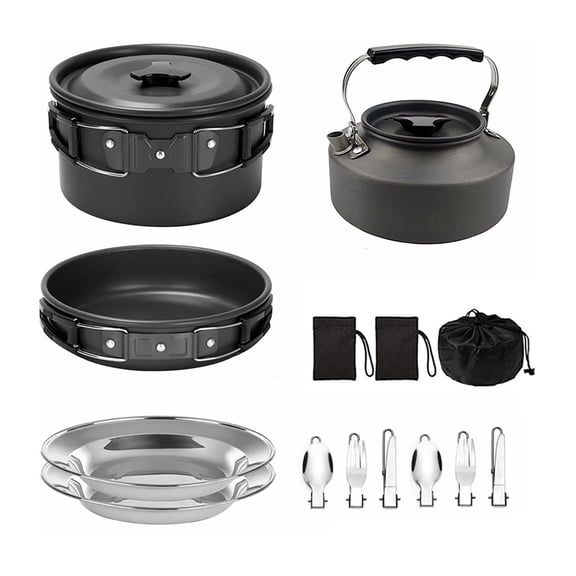M Buder Camping Cookware Set Non-Stick Lightweight Pot Pan Kettle Kit with Stainless Steel Plates and Utensils for Outdoors Hiking Picnic Backpacking Black 7.48 inches / 19 cm