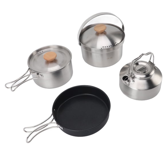M Buder Camping Cookware Set Stainless Steel Pot Pan Kettle Kit Portable Lightweight Outdoor Cooking Set for Travel Backpacking Hiking Picnic 4 Pieces
