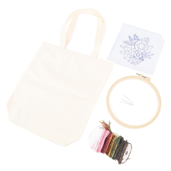 M Buder Canvas Bag Embroidery Kit with Pattern, Hoop, Color Threads & Needles - DIY Arts and Crafts Sewing Set for Beginners (14.17 x 12.4 inches / 36 x 31.5 cm) - White