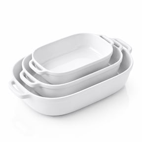 M Buder Casserole Dishes for Oven, Ceramic Baking Dish Set of 3, Thick Rectangular Baking Pans with Handles for Baking Cake, White