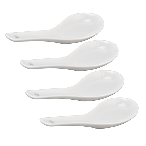 M Buder Ceramic Soup Spoons - Chinese Spoon Set for Ramen, Wonton, and Dumpling Soup - Simple Elegant Ceramic Tableware Spoons, Dishwasher Safe Kitchen Essentials (White, 4 Count / 4 x 13cm)