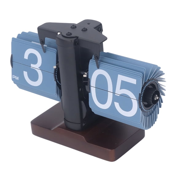 M Buder Classic Wood Mechanical Flip Down Clock Digital Desk Table Decorative Clock for Home Office Decor, D Battery Powered, All Black Frame Blue Pages, 9.45 in / 24.0 cm