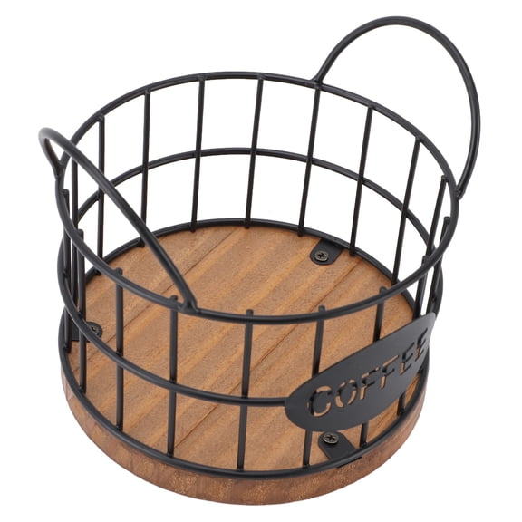 M Buder Coffee Pod Basket Round Iron Wire Storage Organizer Large Capacity Beverage Capsule Holder with Wooden Base for Home Kitchen Office Countertop (4.7 in / 12 cm)