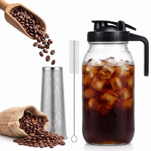 M Buder Cold Brew Coffee Maker, 64 oz Iced Coffee Maker with Stainless Steel Filter, Lid and Spout, No Leaks Mason Brew Jar Pitche for Iced Coffee, Tea
