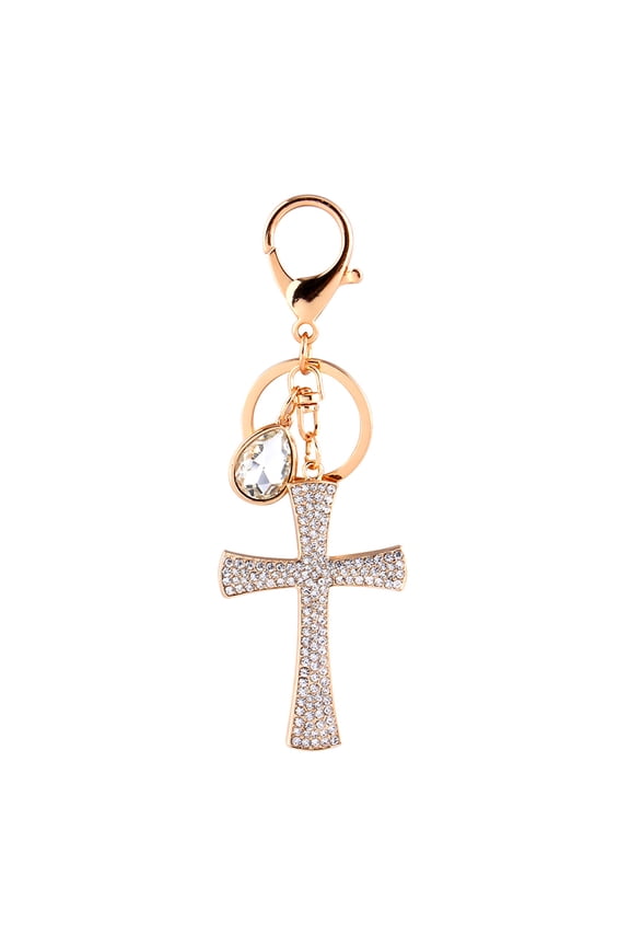Cross Crystal Rhinestone Key Ring Charm Pendant Purse Bag Cute Keychain High Quality Craft Collection Sparkling Decoration for Women, Men, and Teens, Goldtone Finish
