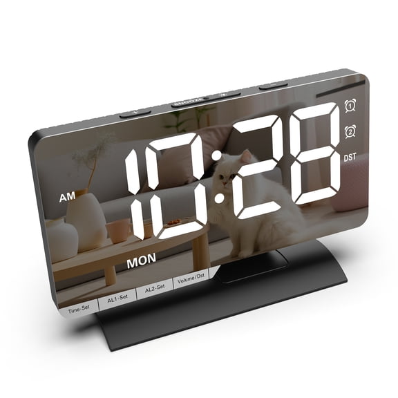 M Buder Digital Alarm Clock LED Desk Mirror Clock with Dual Alarms Snooze Multifunctional Tabletop Desktop Clock with USB Charging Ports Adjustable Brightness Volume For Bedroom Office Black