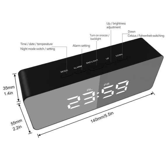 M Buder Digital Alarm Clock LED Mirror Desk Alarm Clocks with Smart Night Mode and Temperature Display, Sleek Modern Electronic Timepiece for Bedroom Office Home, 5.5 inches / 14.0 cm White
