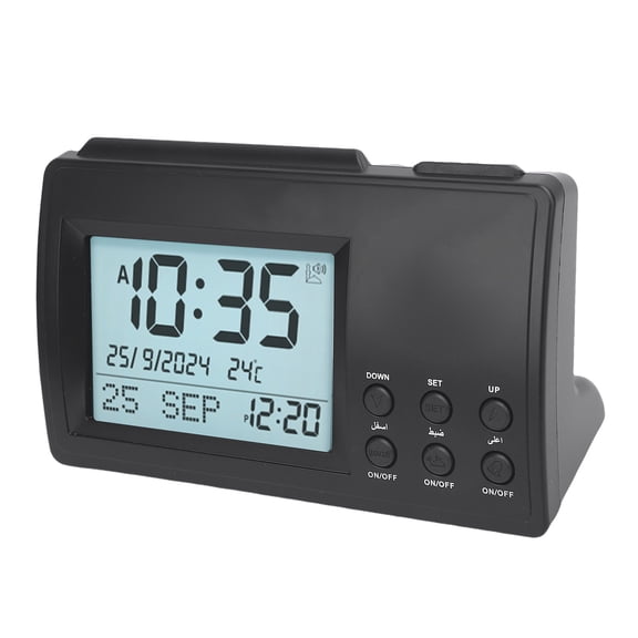 M Buder Digital Desk Clock, Minimalist Black Tabletop Clock with LCD Display, Multifunctional Prayer Clock with Temperature Indicator, Battery Operated for Home and Office