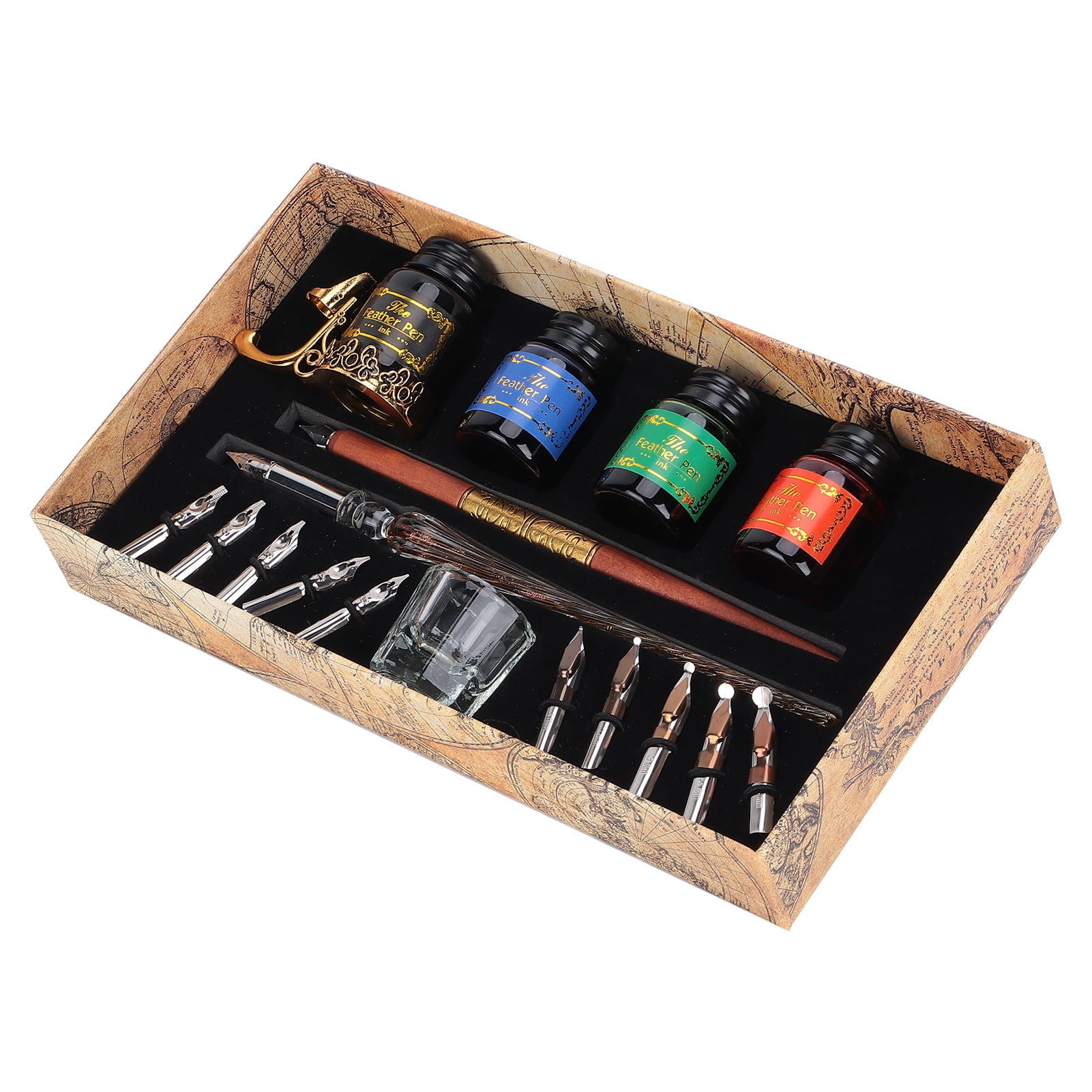 M Buder Dip Pen Kit Flat Round Nibs with Ink Holder for Writing Drawing Calligraphy, SP249045 Fire Color Rod Glass Pen, 9.45 inches / 24 cm length, Vintage English Art Calligraphy Gift Set