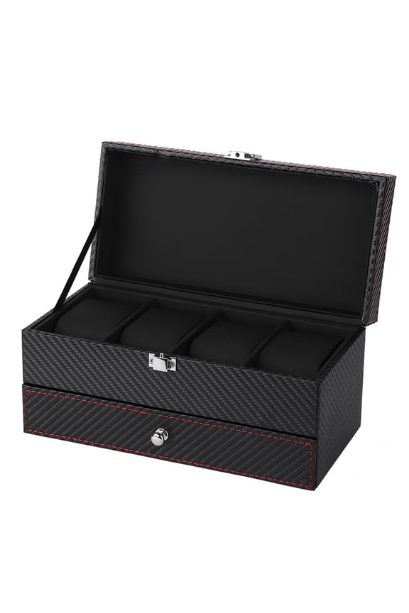 Double Layer Carbon Fiber Jewelry Watch Box Organizer Storage Case Display Case with 4 Slots for Watches Earrings Rings Necklaces Bracelets, Black (8.7 inches / 22.2 cm)