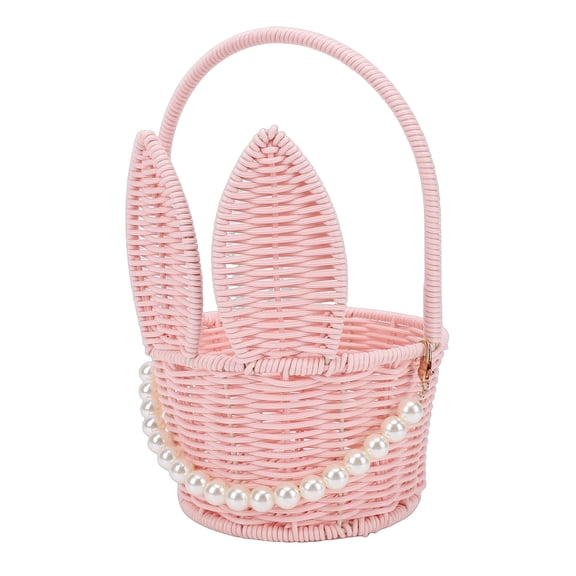 M Buder Easter Bunny Basket PP Rattan Woven Rabbit Ear Egg Organizer with Handle Pearl Pendant for Candy Picnic Wedding Favor Pink 10.63 x 5.51 x 3.94 inches / 27 x 14 x 10 cm
