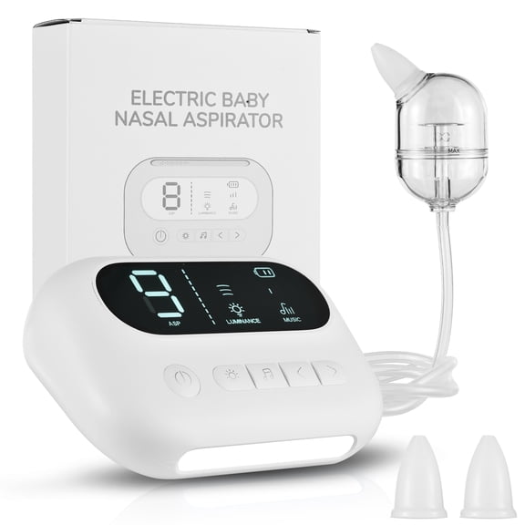 M Buder Electric Baby Nasal Aspirator 9 Suction Levels Nose Sucker with Night Light & Music, Rechargeable Snot Sucker Infant Congestion Relief 2 Silicone Tips White