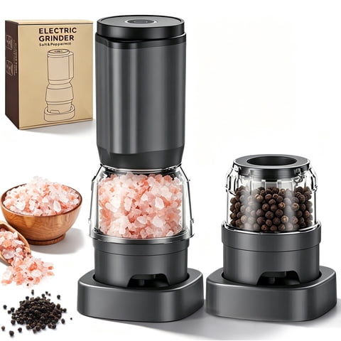 M Buder Electric Salt and Pepper Grinder Set, Rechargeable Automatic Salt Grinder and Pepper Mill with 2 Containers, Adjustable Coarseness, Gray