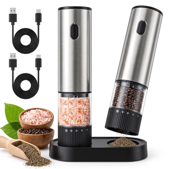 M Buder Electric Salt and Pepper Grinder Set, USB Charge Salt Grinder with Hold Stand, Pepper Mill Shakers Adjustable Coarseness Easy Filling, 2 Pack, Silver
