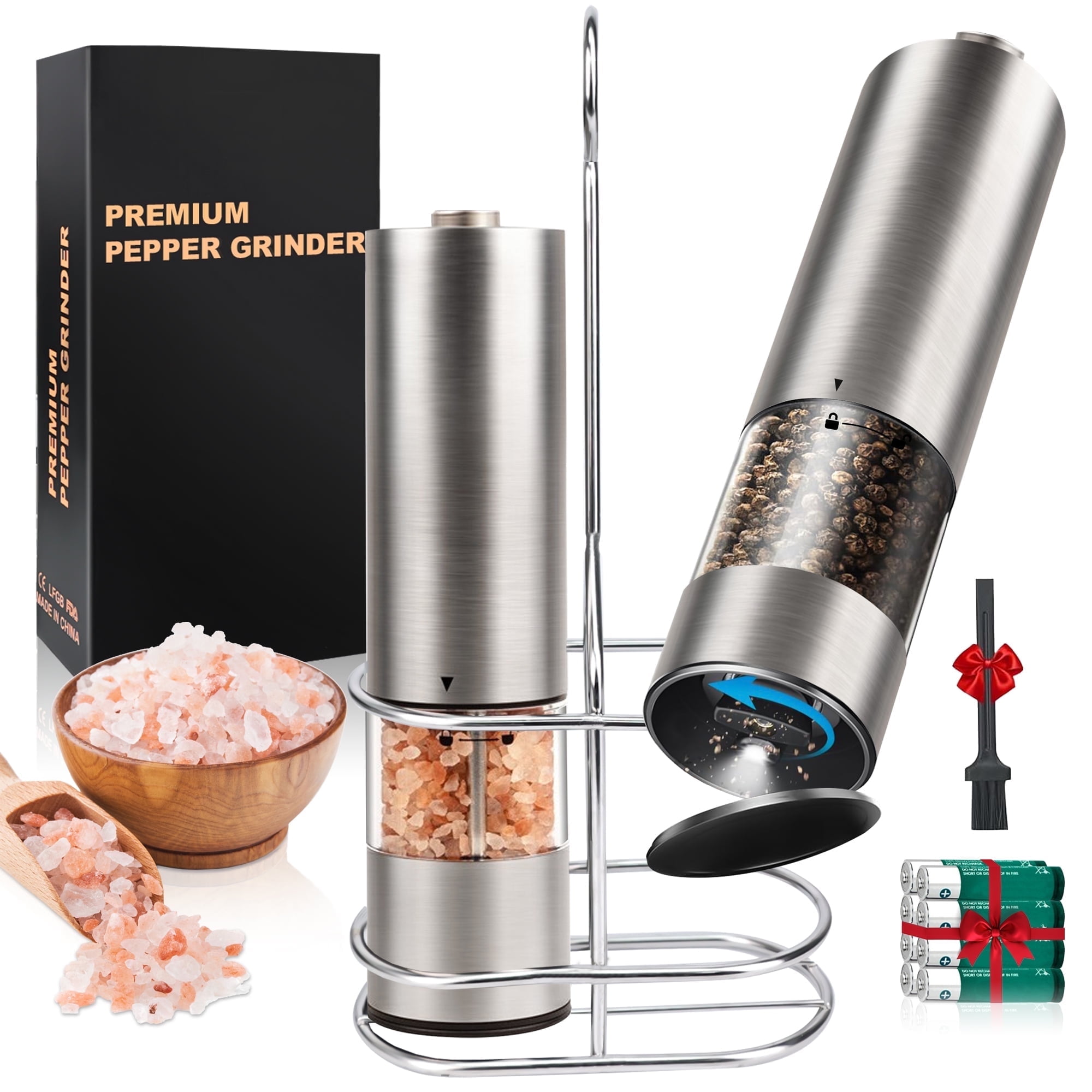 M Buder Electric Salt and Pepper Grinder Set, Automatic Battery Pepper Mill Shakers Adjustable Coarseness Easy Filling with Led, 2 Pack, Silver