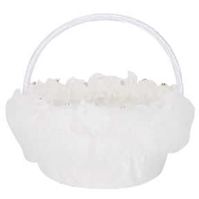 M Buder Elegant White Satin Flower Girl Basket with Feather Accents Lightweight Wedding Candy Basket for Ceremony (10.2 inches / 26 cm)