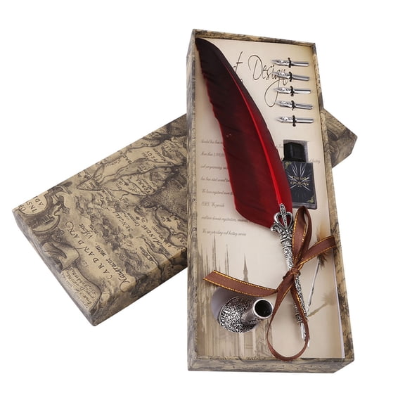M Buder English Calligraphy Feather Dip Quill Pen Writing Set, Red Antique Stationery Gift Box with 6 Replacement Nibs and Pen Stand Base, Ideal for Beginners (10.6 inches / 27 cm)