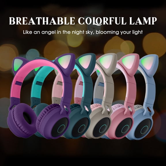 M Buder Glowing Cat Ear Headphones Foldable Wireless Music Headset with 7 Color Breathing Lights, Bluetooth 5.0, Built-in Mic, 400mAh Rechargeable Battery, Over-Ear Design, Blue with Gray