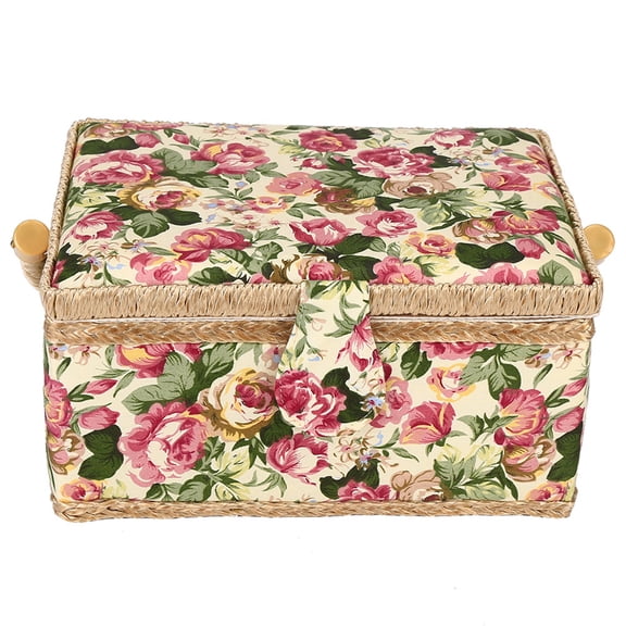 M Buder Handcrafted Flower Pattern Polyester Sewing Basket Box with Handle for Crafts & Household Storage - 9.8 x 7.1 x 4.9 inches / 25 x 18 x 12.5 cm