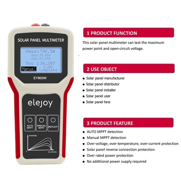 M Buder Handheld Portable Photovoltaic Panel Power Supplys Multimeter Auto Manual Detection with Large LCD Display Screen EY800W 6.5 inches / 165 mm