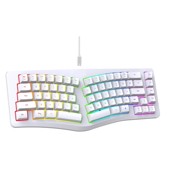 M Buder J70 Wired Ergonomic Split Gaming Keyboard with 18 Modes RGB Backlit, 69 Keys Compact Mechanical Feel Membrane Computer Keyboard with Detachable USB-C Cable for Windows Mac PC Office, White