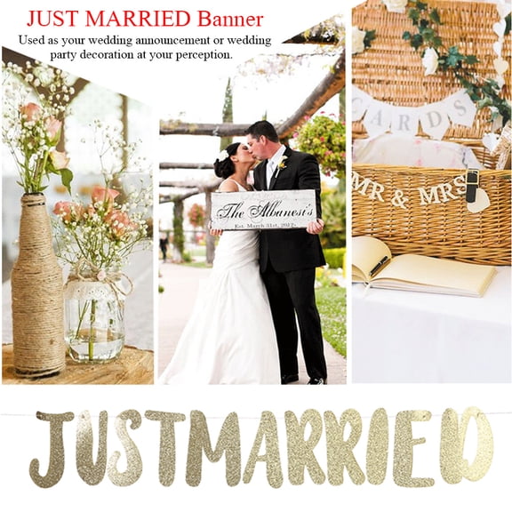 M Buder JUST MARRIED Banner Gold Bunting Letter Streamer for Bridal Shower Wedding Party Decoration (14cm Letters / 5.51 inches)