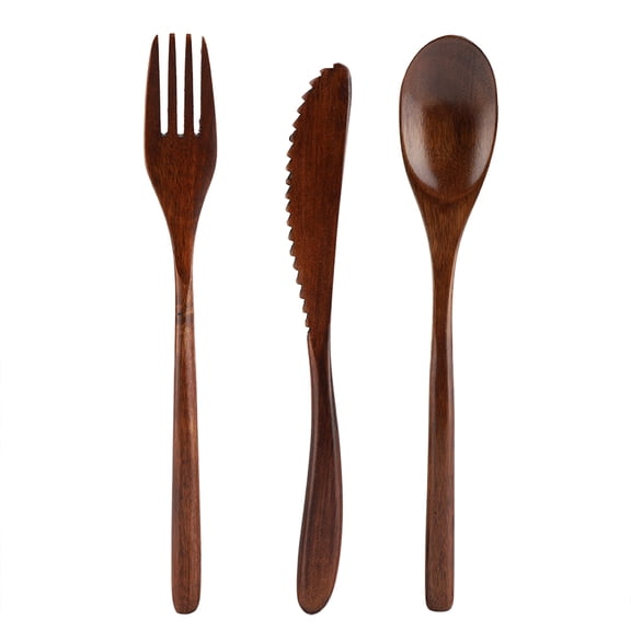 M Buder Japanese Style Reusable Wooden Dinnerware Set, 3-Piece Portable Tableware Kit with Knife, Fork, and Spoon (8.9 inches / 22.5 cm), Eco-Friendly Phoebe Zhennan Wood for Students and Office