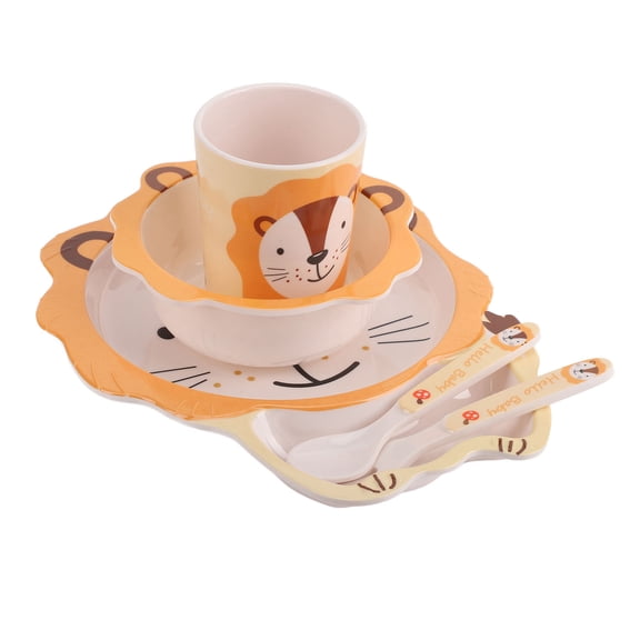 M Buder Kids Plates Set 5-Piece Toddler Dinnerware Cartoon Lion Divided Food Tray Bowl Cup Utensils Melamine Self-Feeding Tableware Multicolor (10.23 in / 26 cm)
